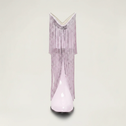 Yehaw TAMMIE pink vegan leather mid-calf cowgirl boots with pointed toe and decorative metallic fringe detailing.