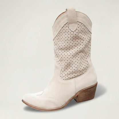 Yehaw beige vegan leather ankle cowgirl boots with a perforated shaft and a medium block heel.
