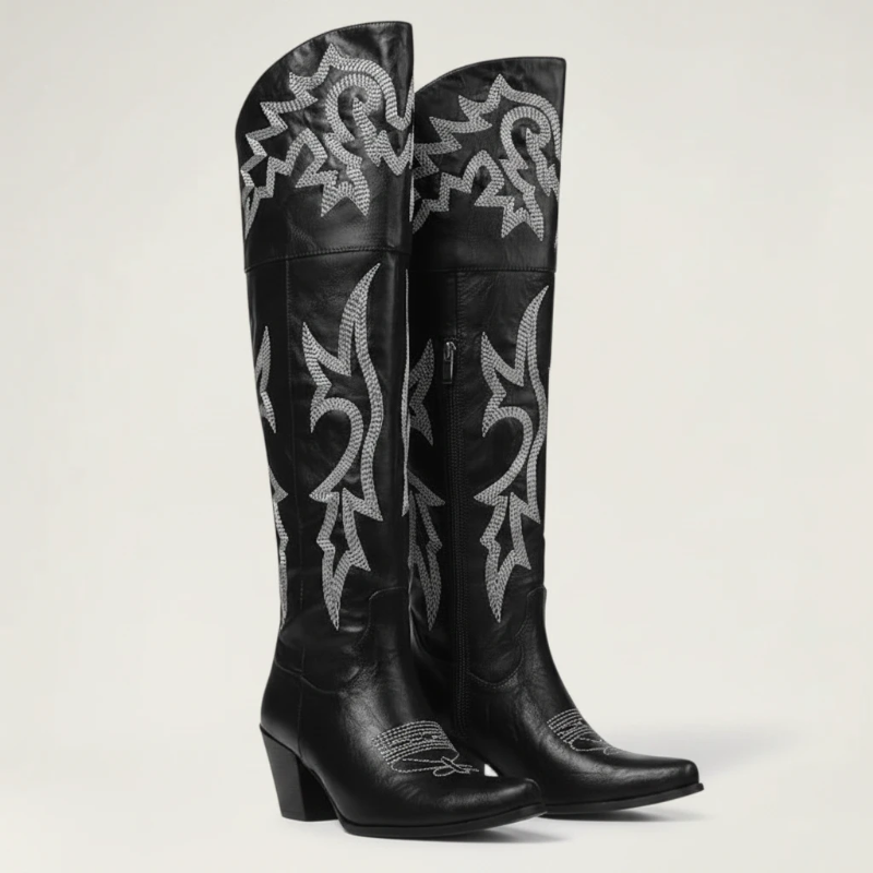 Yehaw BEATRICE black vegan leather knee-high cowgirl boots with white western embroidery and a pointed toe.