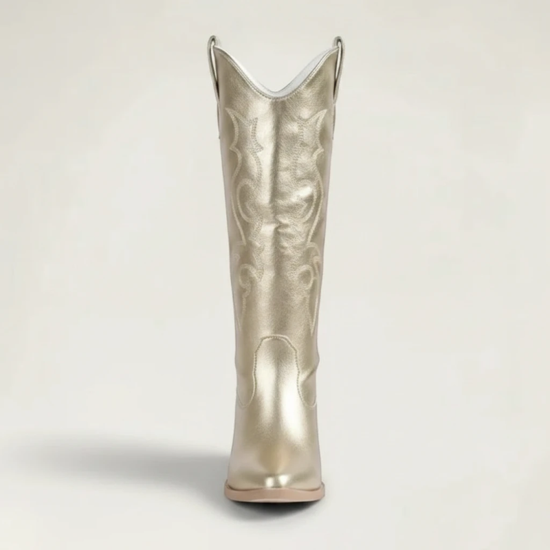 Yehaw gold knee-high vegan microfibre cowgirl boots with pointed toe and western stitching detail