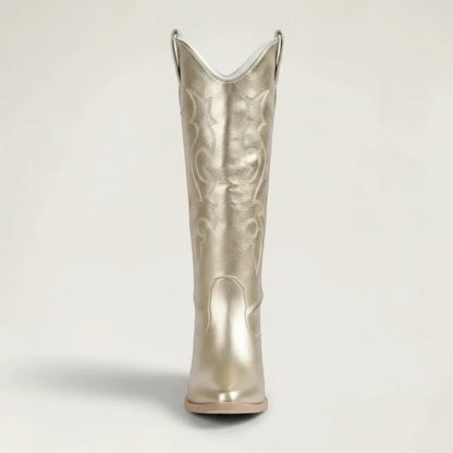 Yehaw gold knee-high vegan microfibre cowgirl boots with pointed toe and western stitching detail