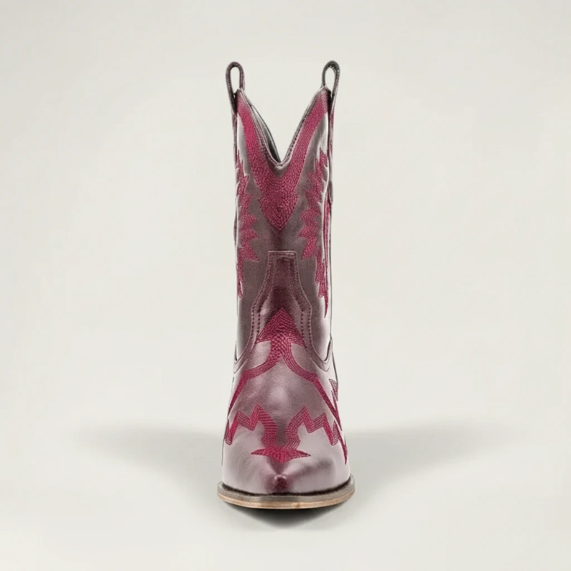Yehaw CAMILA red vegan leather ankle cowgirl boots with pointed toe and decorative western stitching