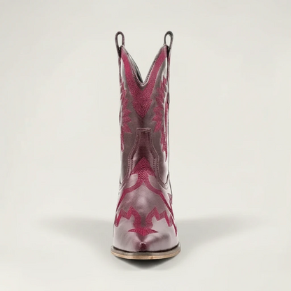 Yehaw CAMILA red vegan leather ankle cowgirl boots with pointed toe and decorative western stitching