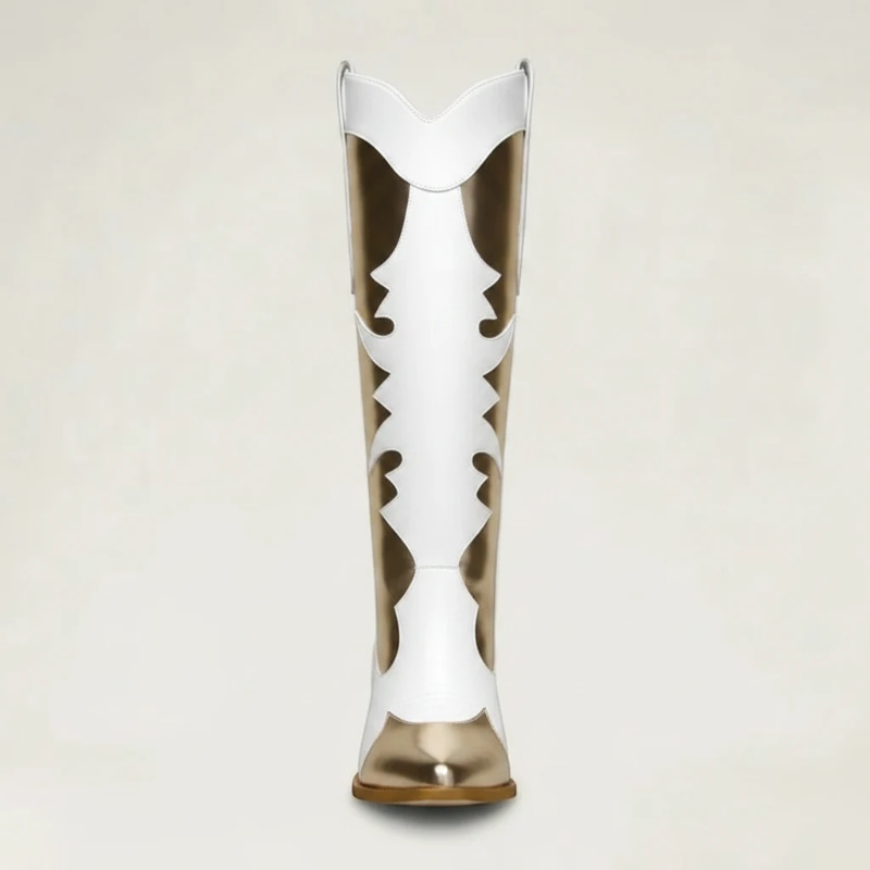 Yehaw SAVANNAH mid-calf cowgirl boots in white and metallic gold vegan leather with a round toe and western stitching.