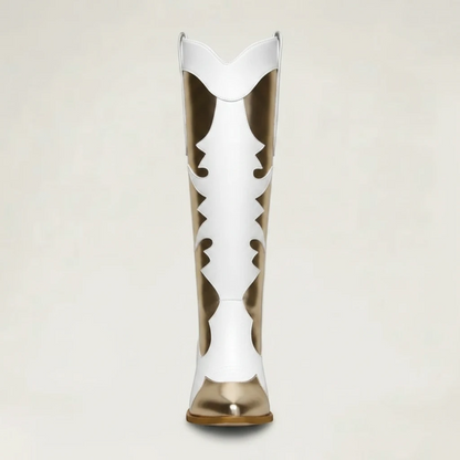Yehaw SAVANNAH mid-calf cowgirl boots in white and metallic gold vegan leather with a round toe and western stitching.