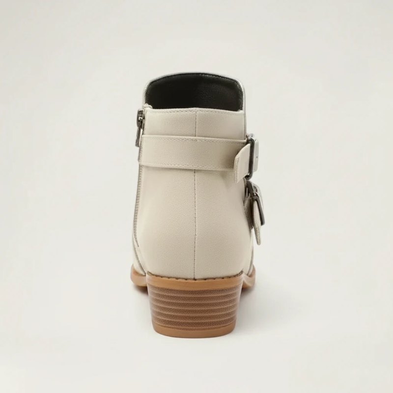 Yehaw beige vegan leather ankle cowboy boots for women with double buckle straps and a medium block heel