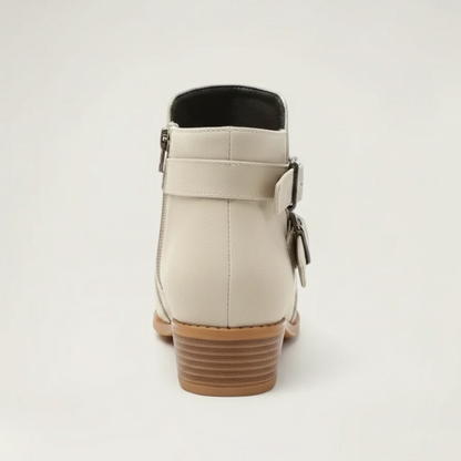 Yehaw beige vegan leather ankle cowboy boots for women with double buckle straps and a medium block heel