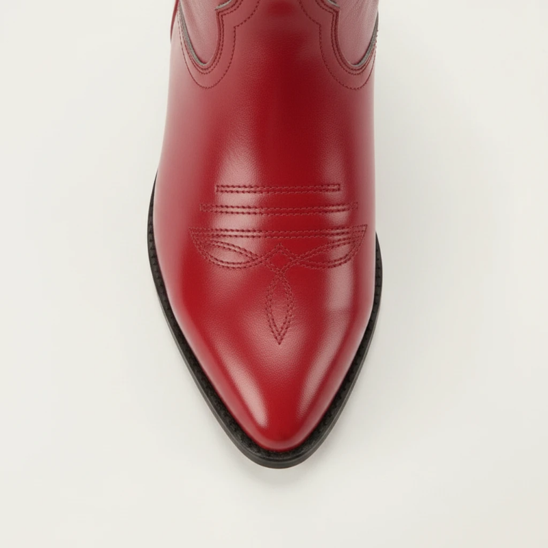 Yehaw LENA red vegan leather ankle cowboy boots with pointed toe, western stitching, and high block heel.