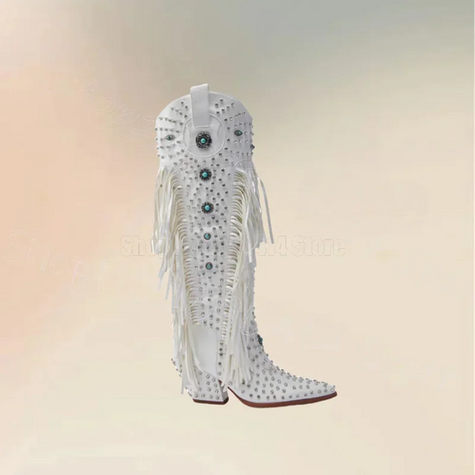 Crystal Decor White Tassels Pointed Toe Boots Side Zipper Women Shoes Chunky High Heels Party Banquet 2025 Zapatos Para Mujere