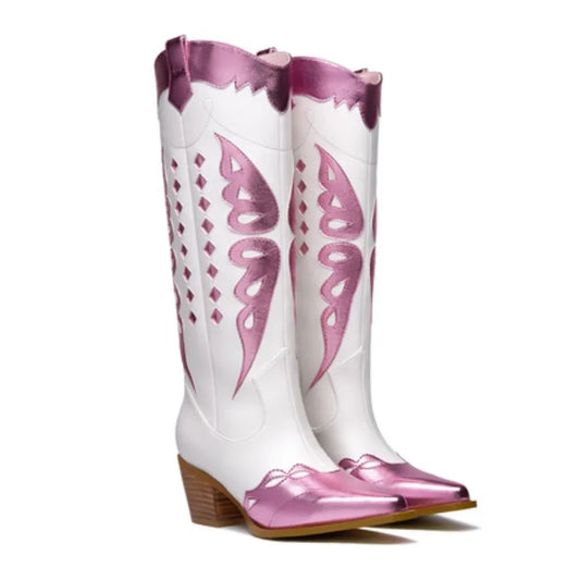 Cowboy Boots for Women 2025 New Knee High Embroidered Western Cowgirl Boots Pointed Toe Chunky Heel Retro Country Boots Shoes