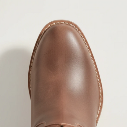 Yehaw Angelica brown vegan leather mid-calf cowgirl boots with intricate western cut-out patterns, back view.