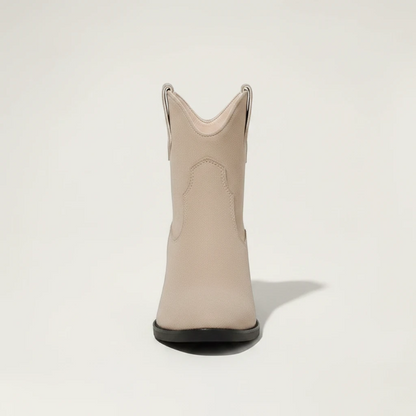 Yehaw ADA beige vegan suede ankle cowboy boots for women with a round toe and high block heel