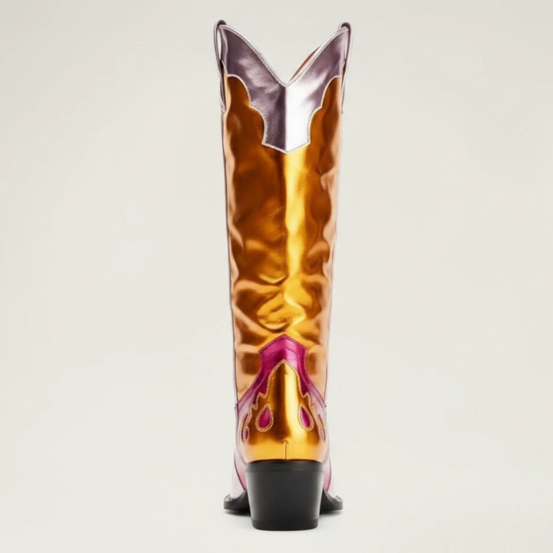 Yehaw DIANA mid-calf cowgirl boots in metallic gold and pink vegan microfibre with a pointed toe and western stitching.