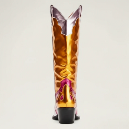 Yehaw DIANA mid-calf cowgirl boots in metallic gold and pink vegan microfibre with a pointed toe and western stitching.