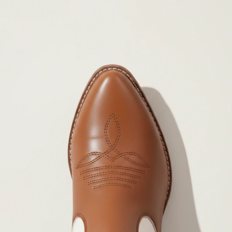 Yehaw DANIELA mid-calf cowgirl boots in brown and white vegan leather with pointed toe and western embroidery