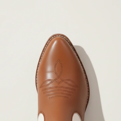 Yehaw DANIELA mid-calf cowgirl boots in brown and white vegan leather with pointed toe and western embroidery
