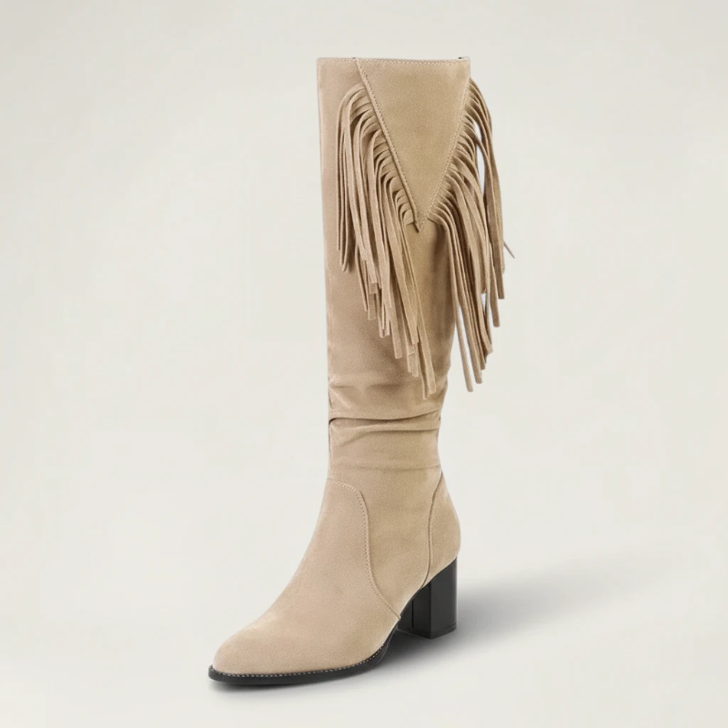 Yehaw LULA beige vegan suede knee-high cowgirl boots with fringe detail and block heel