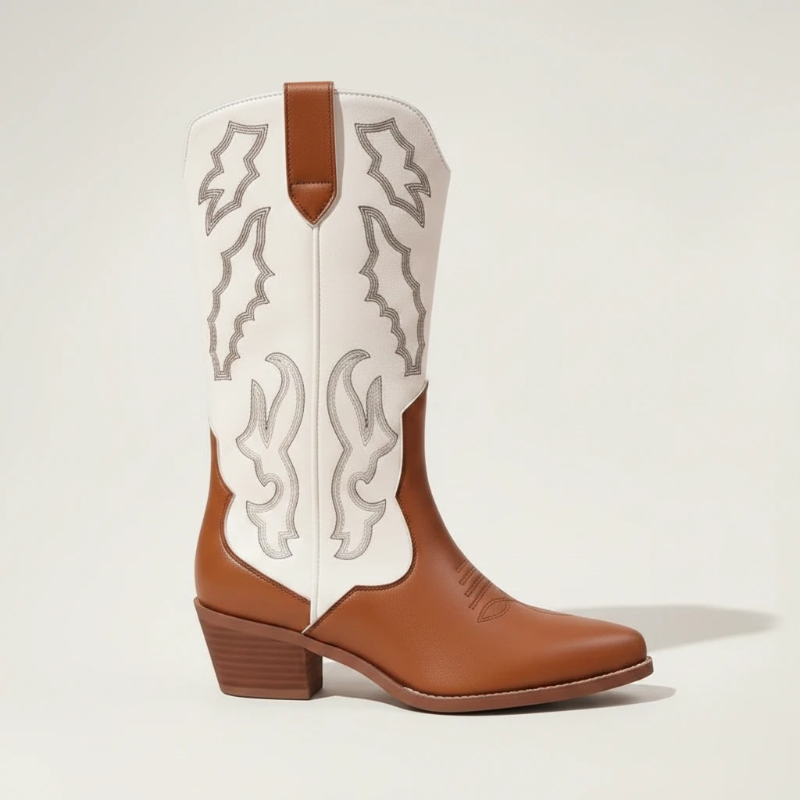 Yehaw DANIELA mid-calf cowgirl boots in brown and white vegan leather with pointed toe and western embroidery