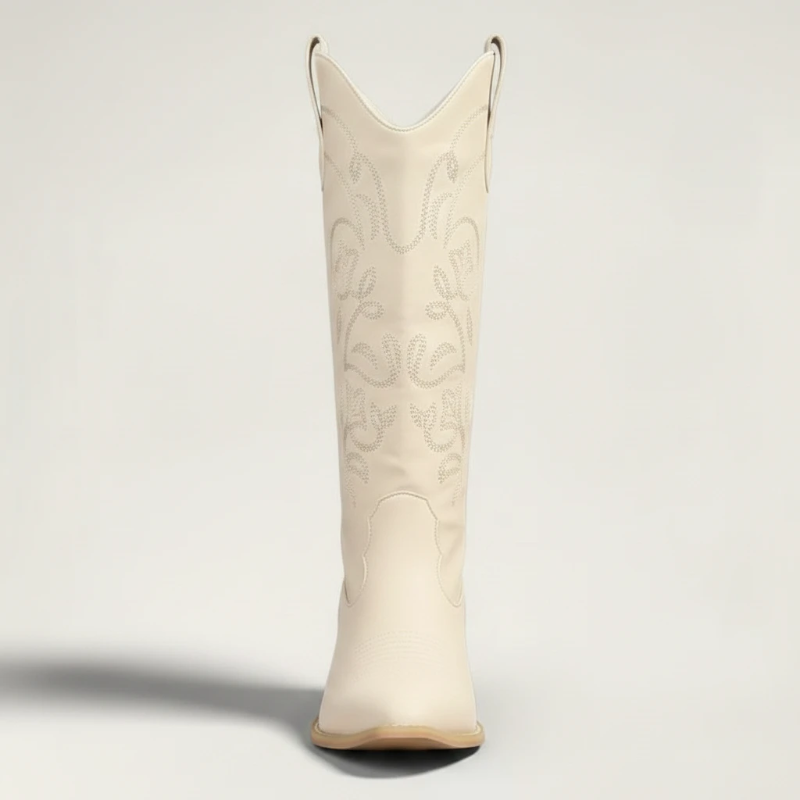Yehaw beige vegan leather mid-calf cowgirl boots with pointed toe and western embroidery details
