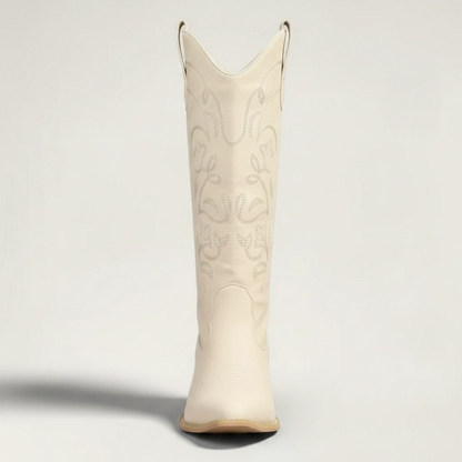Yehaw beige vegan leather mid-calf cowgirl boots with pointed toe and western embroidery details