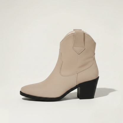 Yehaw ADA beige vegan suede ankle cowboy boots for women with a round toe and high block heel