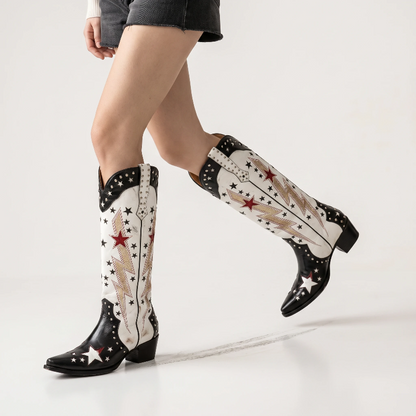 Yehaw AMANDA mid-calf vegan leather cowgirl boots in black and white with metallic lightning and star embroidery.