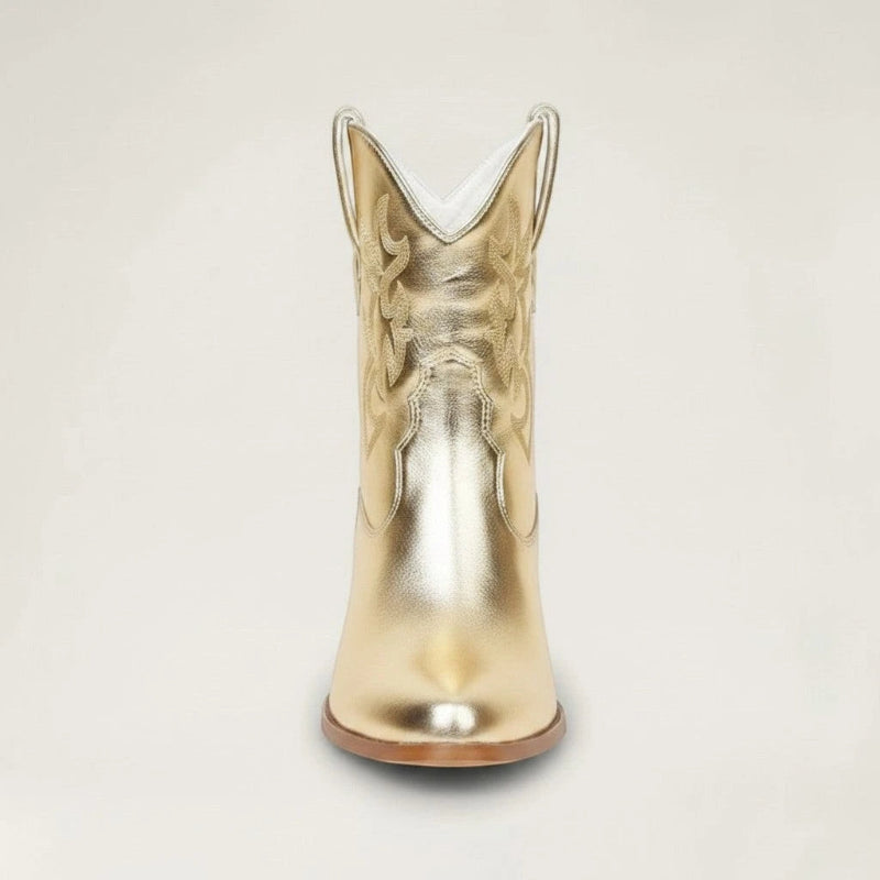 Yehaw CARLA ankle cowgirl boots in metallic gold vegan leather with pointed toe and western embroidery