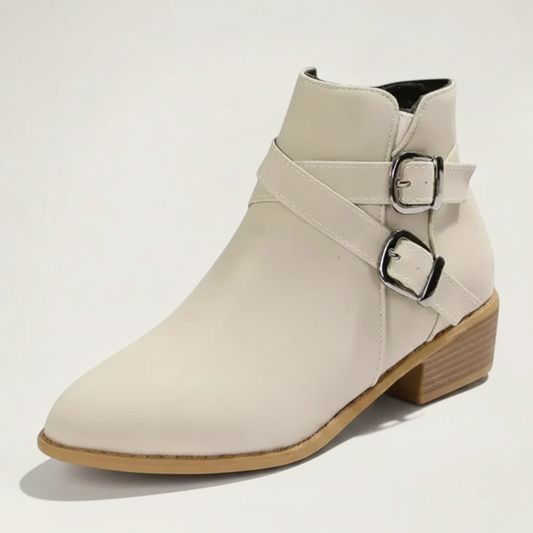 Yehaw beige vegan leather ankle cowboy boots for women with double buckle straps and a medium block heel
