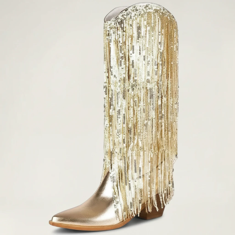Yehaw gold vegan leather mid-calf cowgirl boots with long shimmering fringe and a pointed toe.