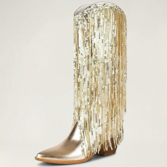 Yehaw gold vegan leather mid-calf cowgirl boots with long shimmering fringe and a pointed toe.