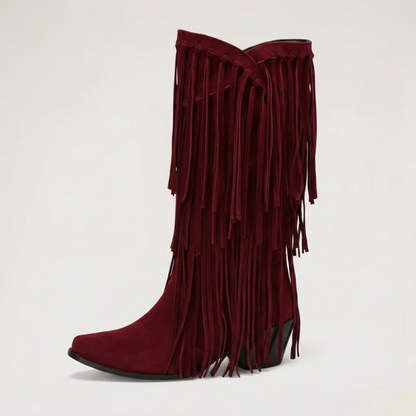 Yehaw red vegan suede mid-calf cowgirl boots with fringe detail and pointed toe