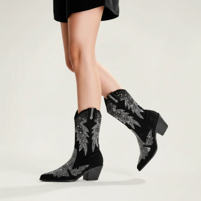 Yehaw BESSIE black vegan suede mid-calf cowgirl boots with pointed toes and silver rhinestone western patterns