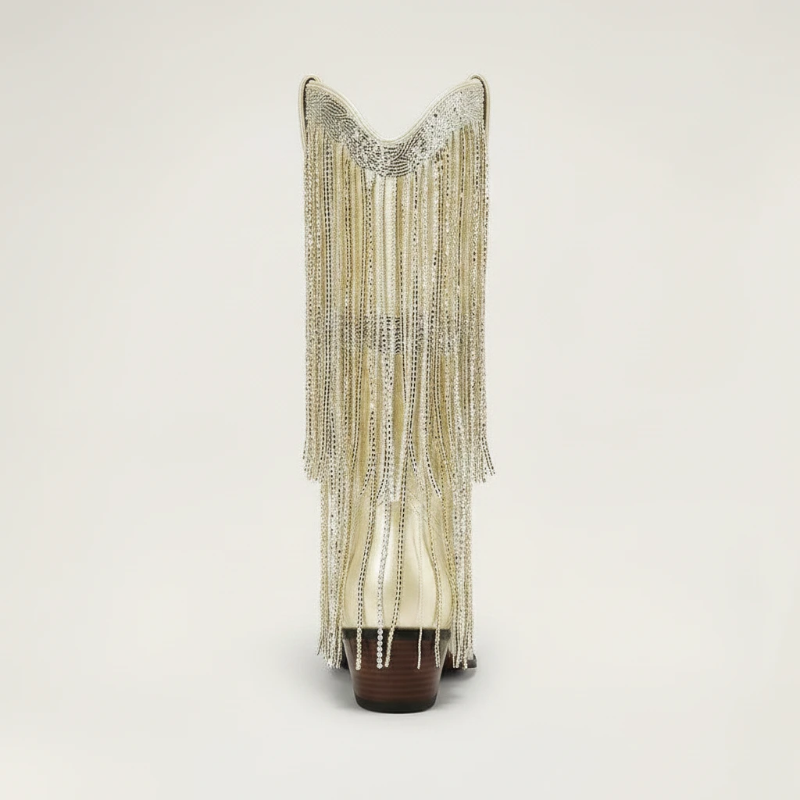 Yehaw TAMMIE gold vegan microfibre mid-calf cowgirl boots with decorative metallic fringe and a pointed toe.