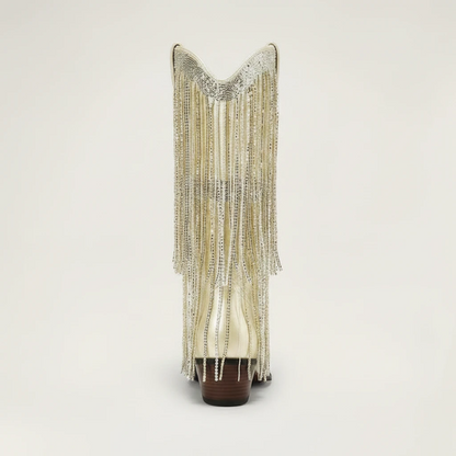 Yehaw TAMMIE gold vegan microfibre mid-calf cowgirl boots with decorative metallic fringe and a pointed toe.