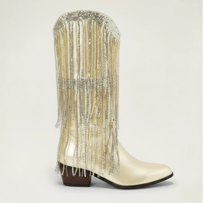 Yehaw TAMMIE gold vegan microfibre mid-calf cowgirl boots with decorative metallic fringe and a pointed toe.