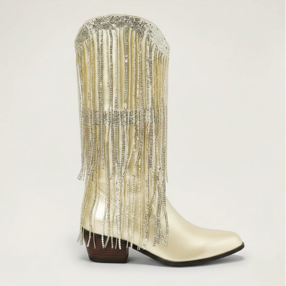 Yehaw TAMMIE gold vegan microfibre mid-calf cowgirl boots with decorative metallic fringe and a pointed toe.