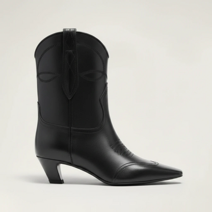 Yehaw BERTA black vegan leather ankle cowgirl boots with a square toe and medium heel for women.