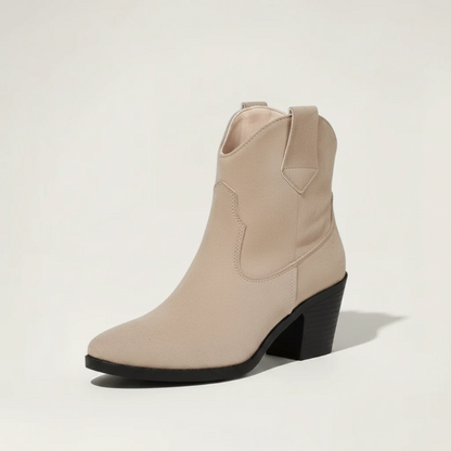 Yehaw beige vegan suede ankle-height cowgirl boots with a round toe and block heel.