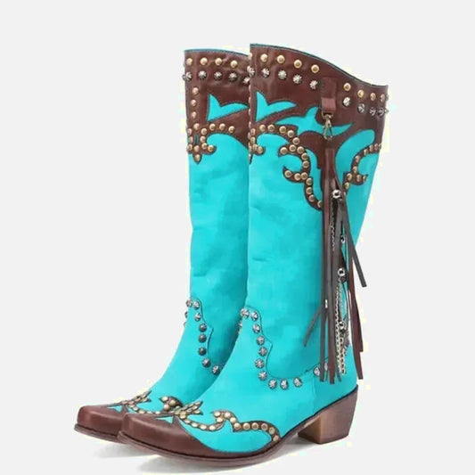 Chaussures santiags pour femme Yehaw Adele en turquoise, en cuir avec détails élégants et semelle robuste.