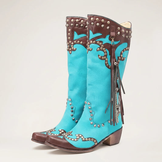 Yehaw ADELE knee-high turquoise vegan leather cowgirl boots with brown trim, silver studs, and decorative fringe
