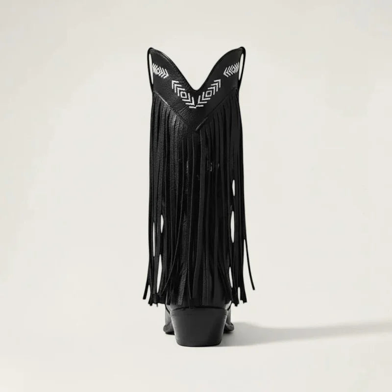 Yehaw Alejandra black vegan leather mid-calf cowgirl boots featuring long fringe and white geometric embroidery