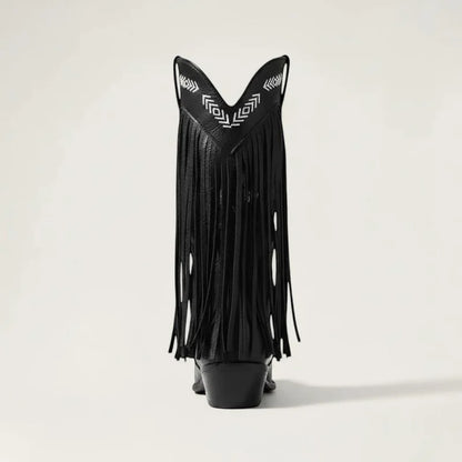 Yehaw Alejandra black vegan leather mid-calf cowgirl boots featuring long fringe and white geometric embroidery