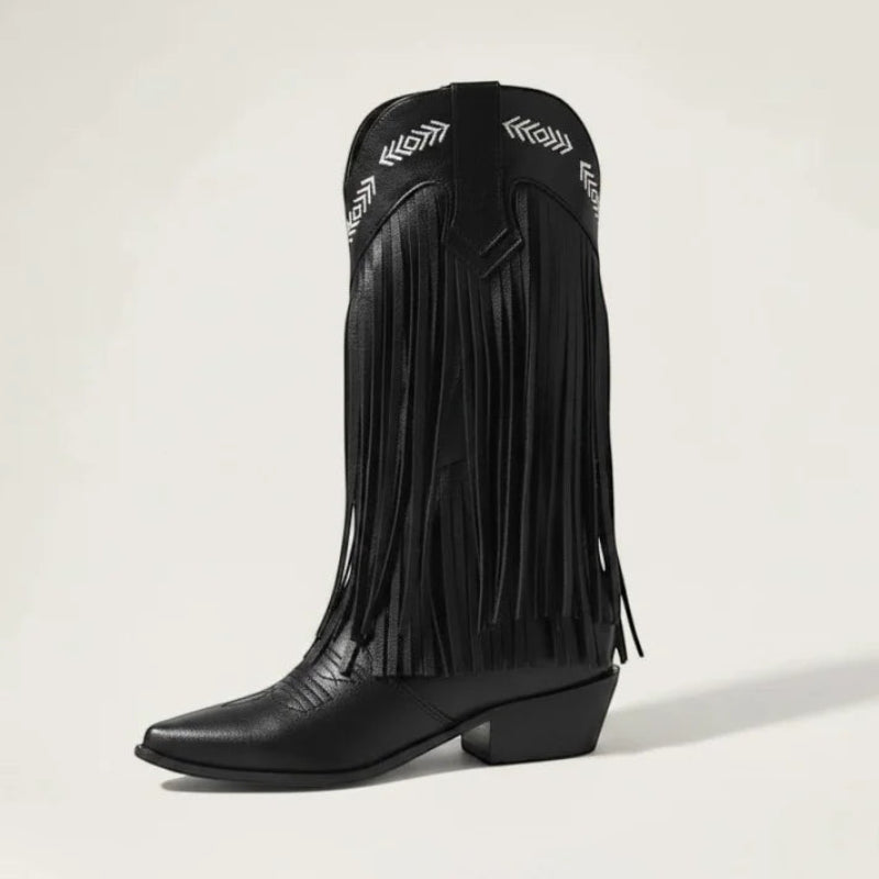 Yehaw Alejandra black vegan leather mid-calf cowgirl boots with pointed toe, fringe detailing, and white embroidery.