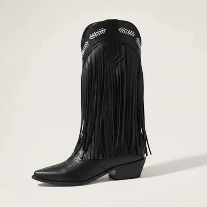 Yehaw Alejandra black vegan leather mid-calf cowgirl boots with pointed toe, fringe detailing, and white embroidery.