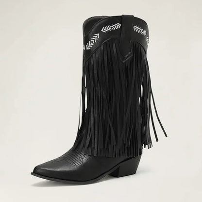 Yehaw black vegan leather mid-calf cowgirl boots with fringe detailing and white embroidered western patterns.