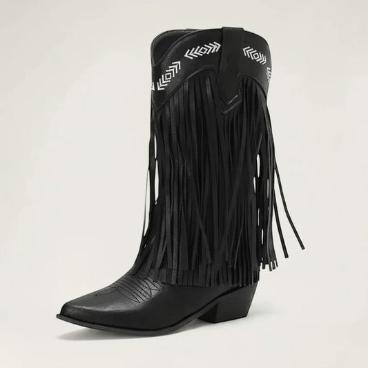 Yehaw black vegan leather mid-calf cowgirl boots with fringe detailing and white embroidered western patterns.