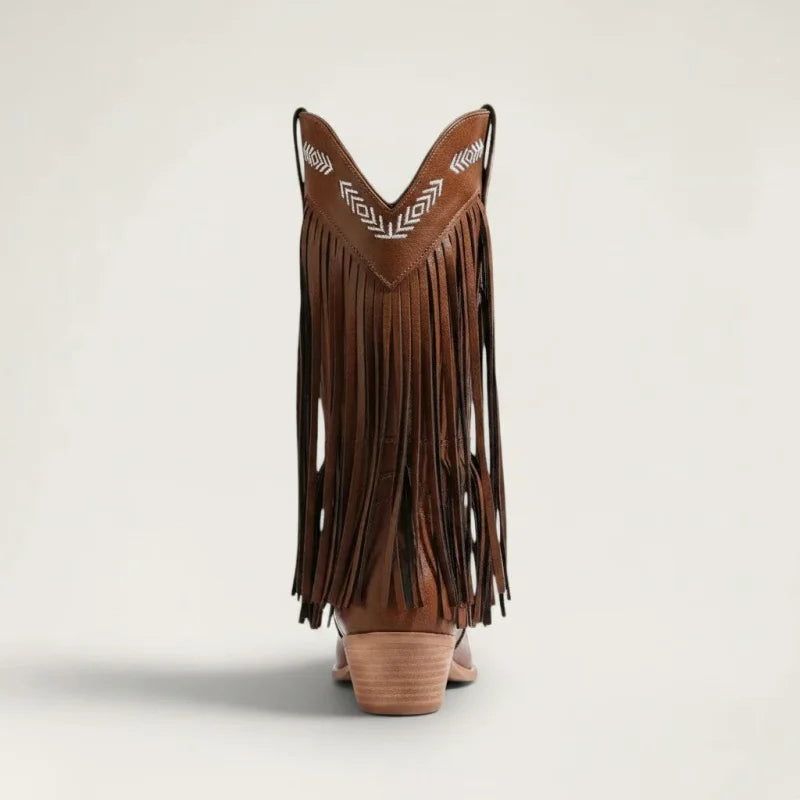 Yehaw Alejandra brown vegan leather mid-calf cowgirl boots with fringe detail and white embroidery, back view
