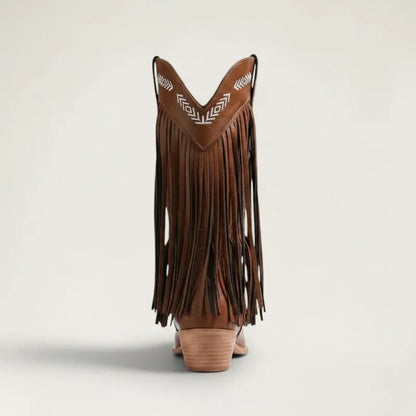 Yehaw Alejandra brown vegan leather mid-calf cowgirl boots with fringe detail and white embroidery, back view