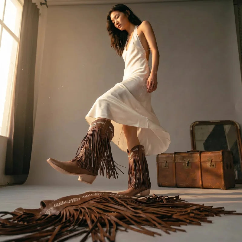 Yehaw Alejandra brown vegan leather mid-calf cowgirl boots with fringe detail and white embroidered stitching.