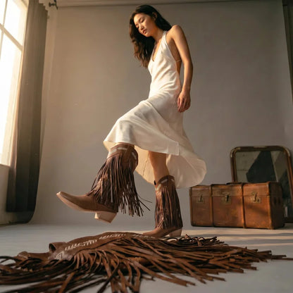 Yehaw Alejandra brown vegan leather mid-calf cowgirl boots with fringe detail and white embroidered stitching.